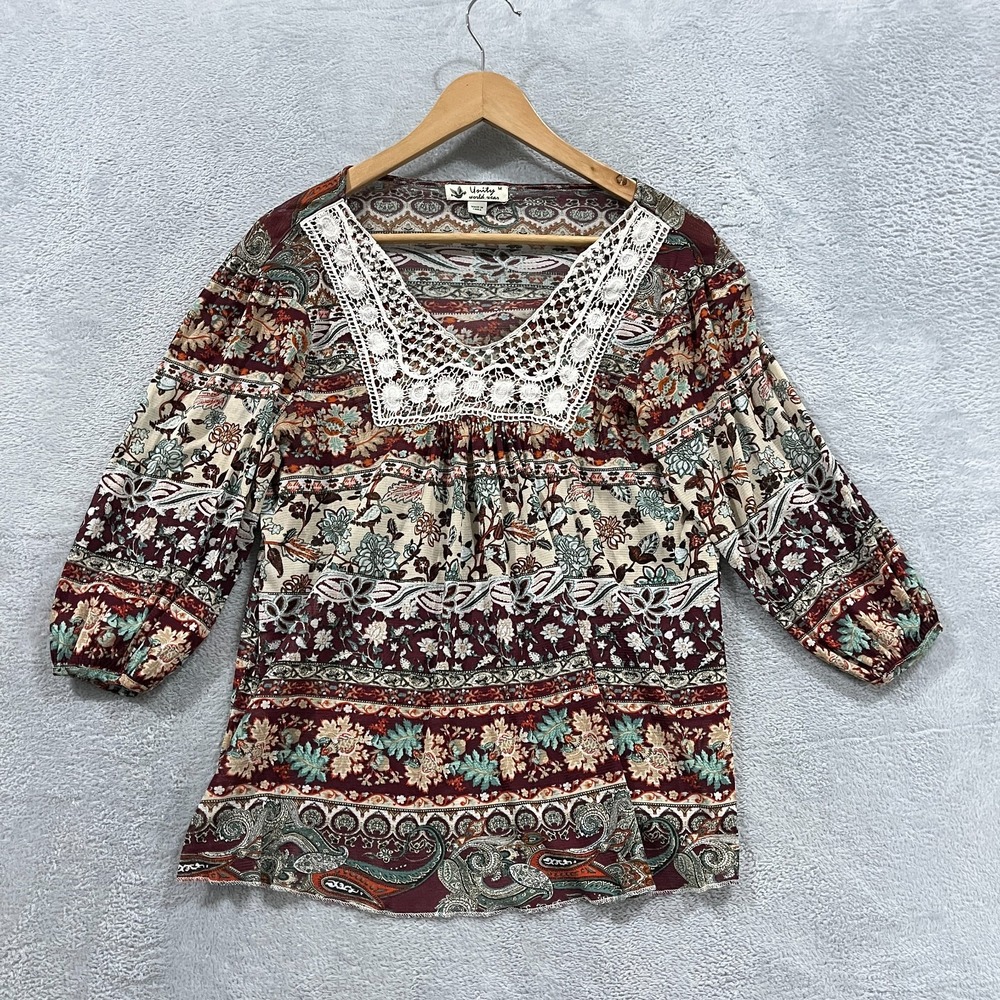 Unity World Wear Blouse Womens Medium Floral Crochet Boho Sheer Top Hippie